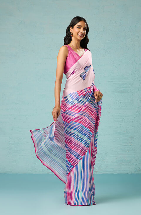 Pink Printed Viscose Crepe Saree