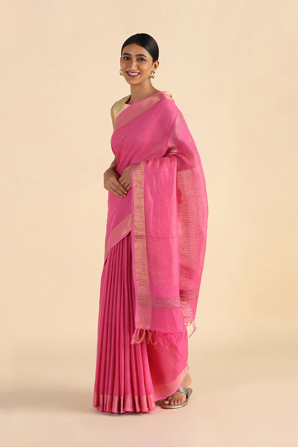 Pink Handwoven Bhagalpuri Pure Linen Saree image number null