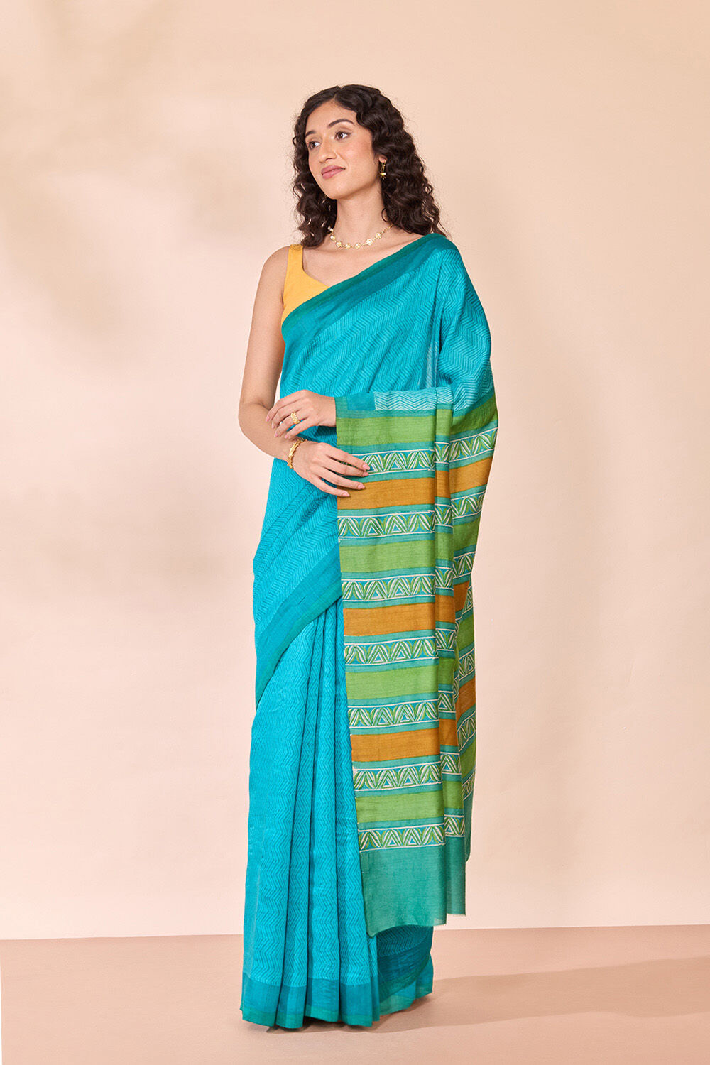 Blue Block Printed Silk Muga Saree image number null