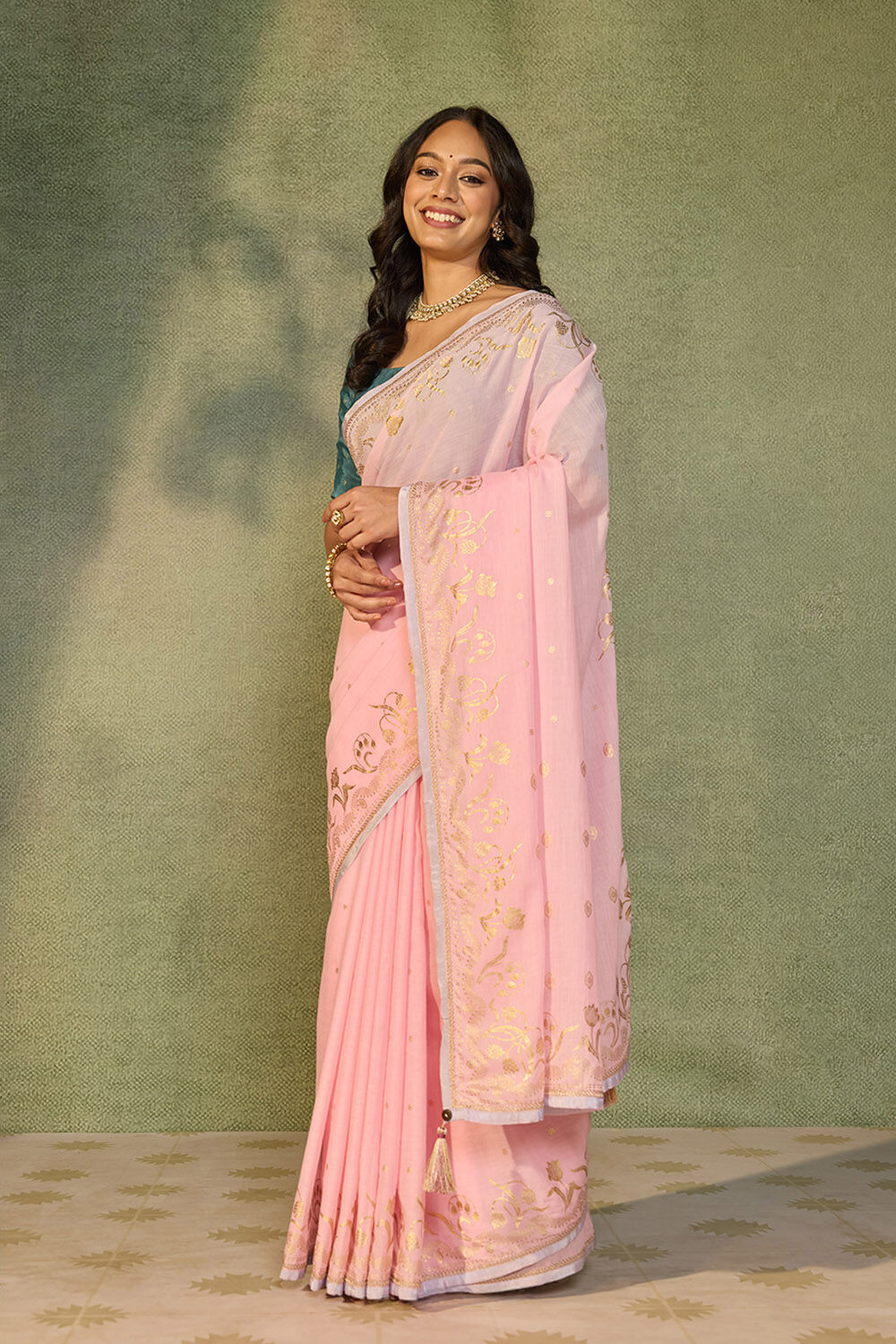 Pink Printed Cotton Viscose Saree image number null