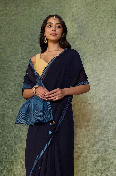 Blue Block Printed Pure Silk Cotton Saree