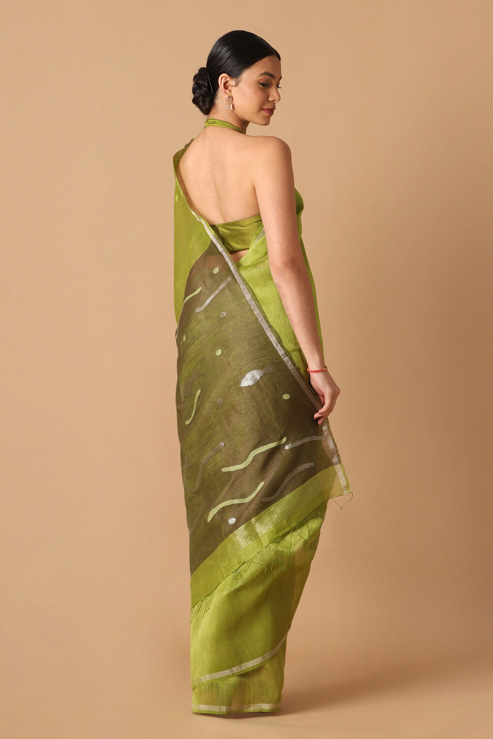 Light Green Pure Silk Linen Jamdani Saree image number null