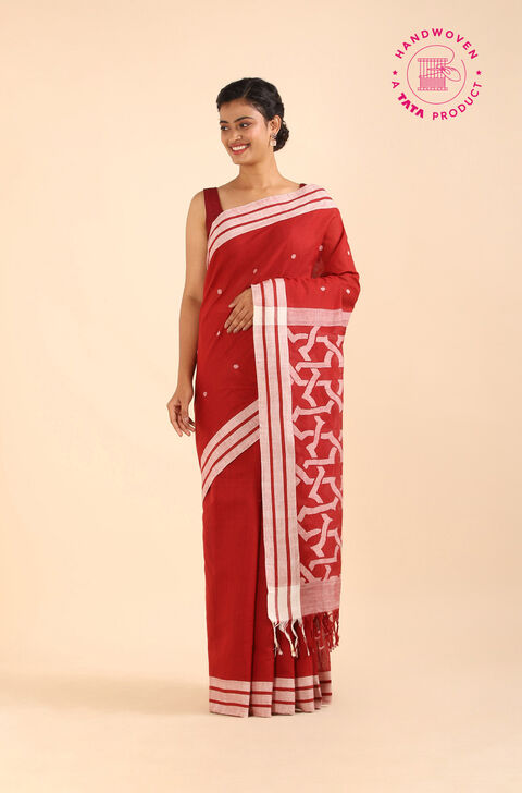 Red Pure Khadi Cotton Ponduru Jamdani Saree