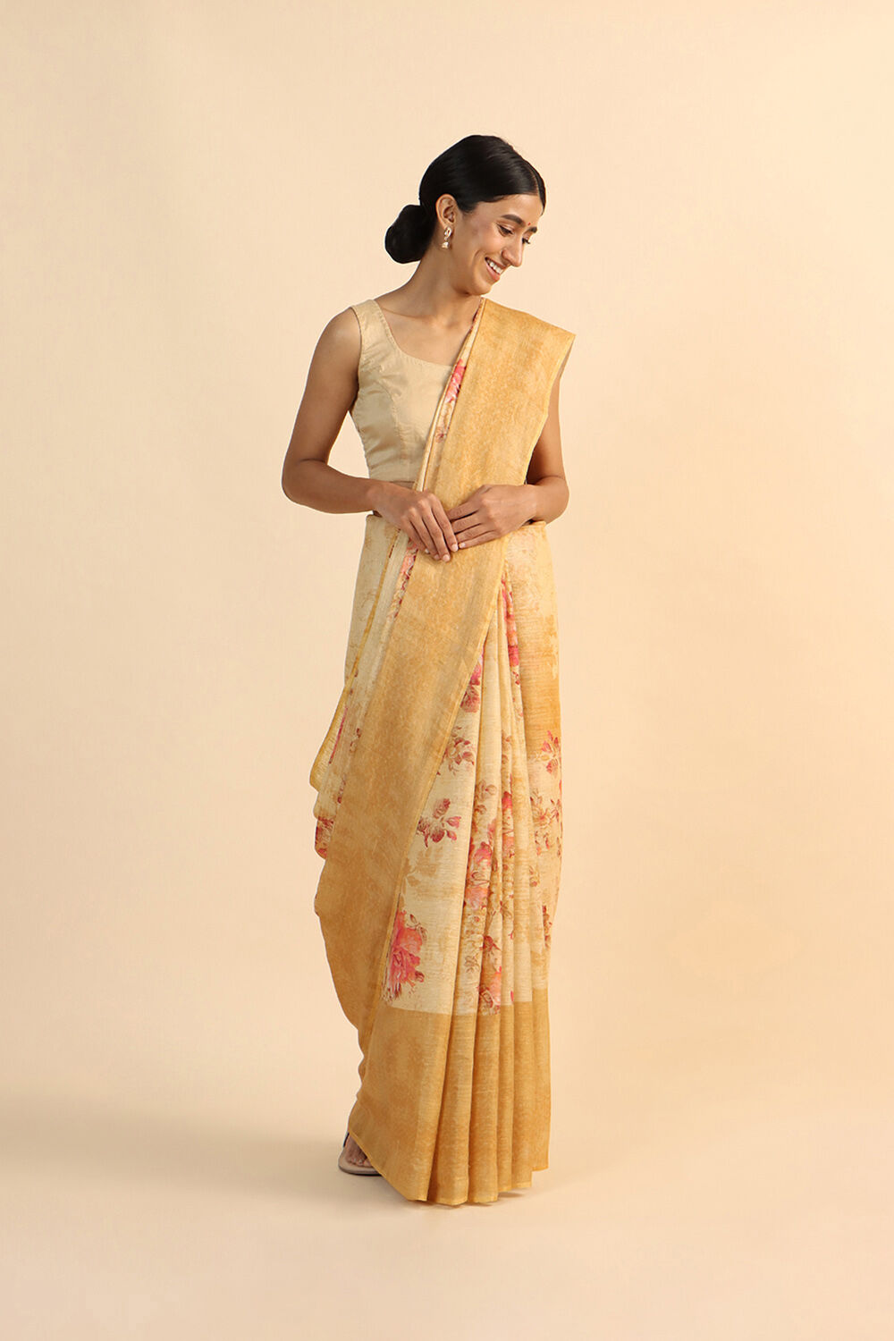 Yellow Pure Linen Digital Printed Saree image number null