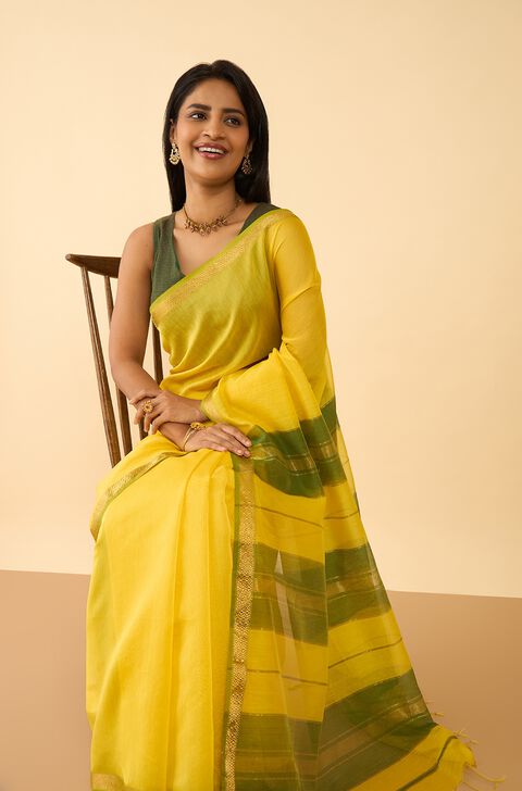 Yellow Woven Pure Silk Cotton Maheshwari Saree