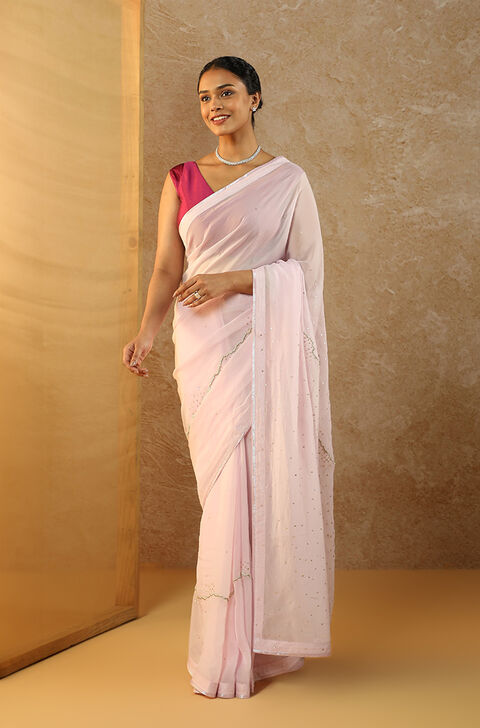 Pink Viscose Embroidery Saree