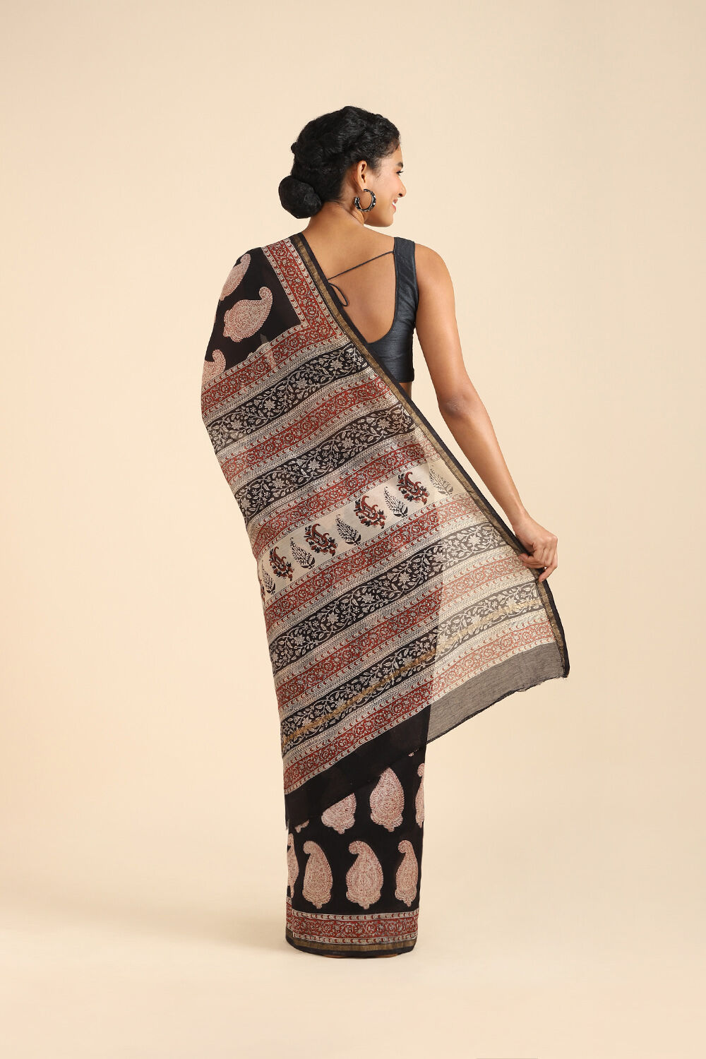 Black Pure Silk Cotton Bagru Printed Saree image number null