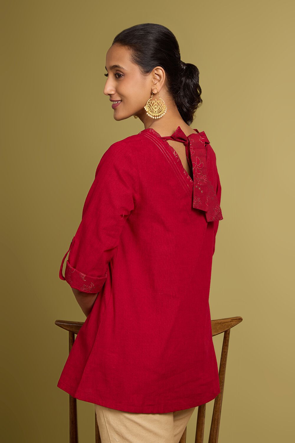 Dark Red Woven Pure Cotton Short Top image number null