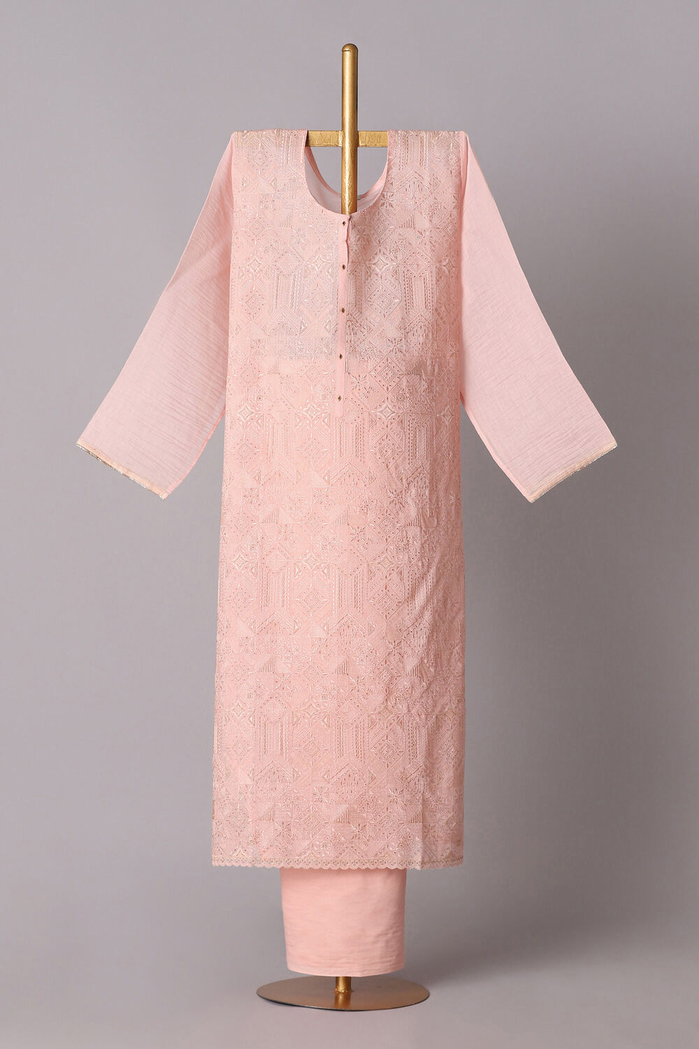 Pink Silk Cotton Embroidered Semistitched Suit Set image number null