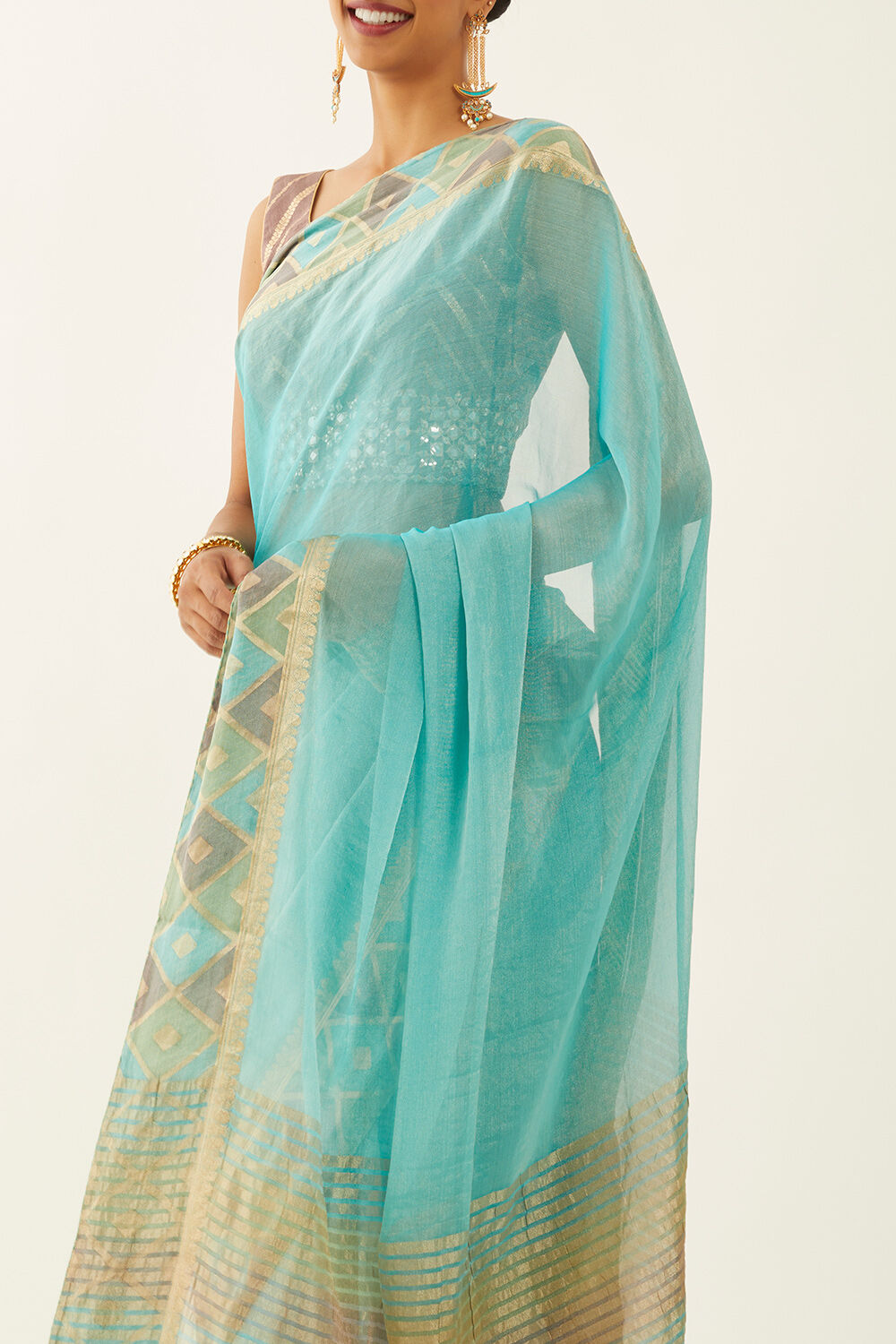 Georgette Tissue Saree Powder-Blue In Colour