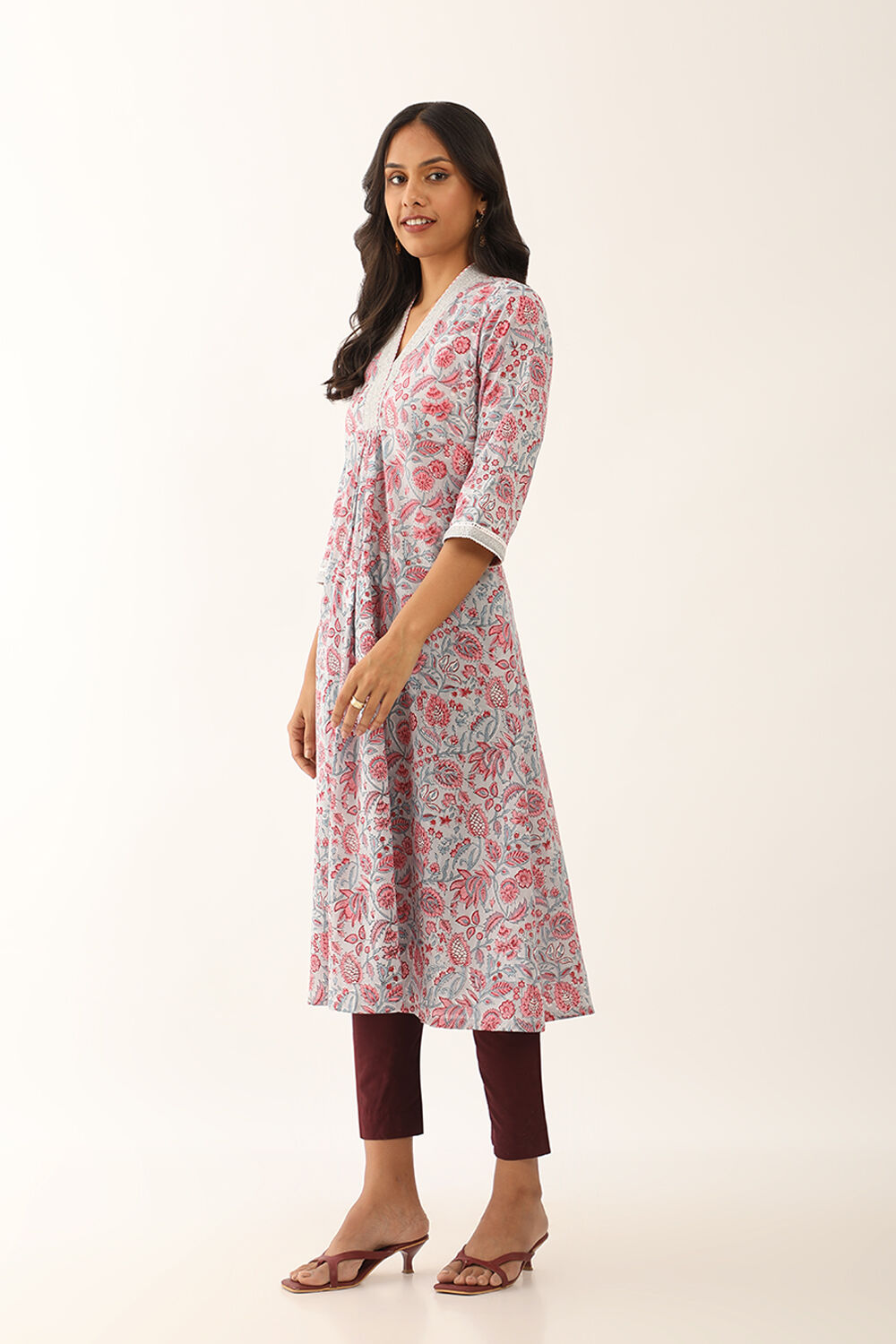 Grey Pure Cotton Block Printed Kurta with Embroidery image number null
