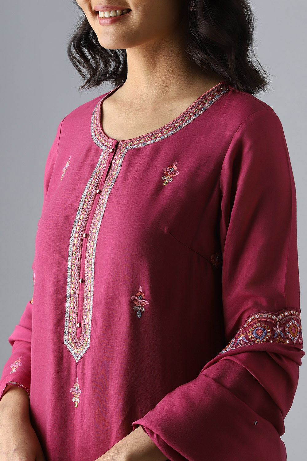 Dark Pink Embroidered Viscose Kurta Set image number null