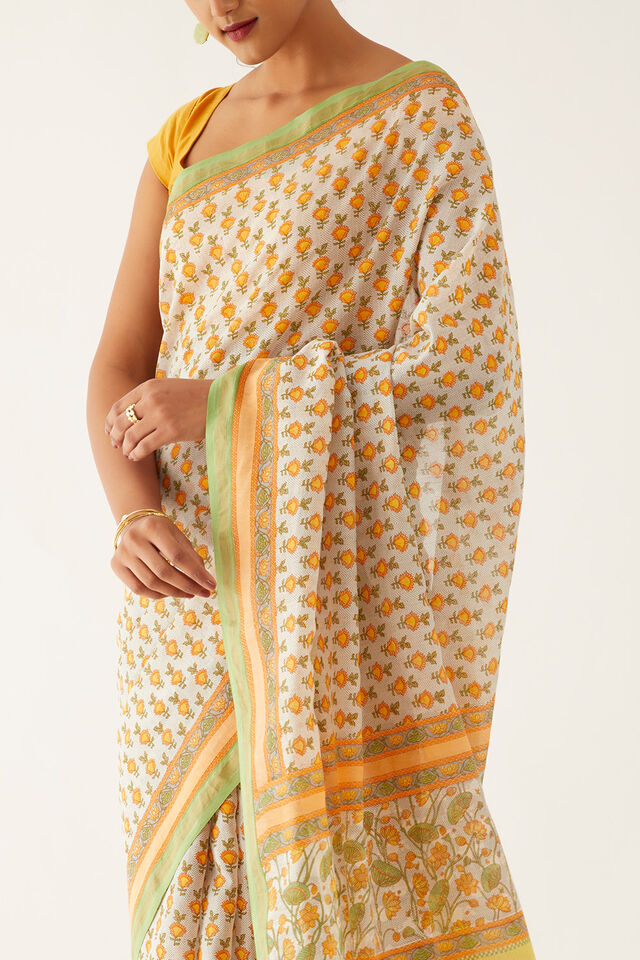Yellow Pure Silk Cotton Printed Saree