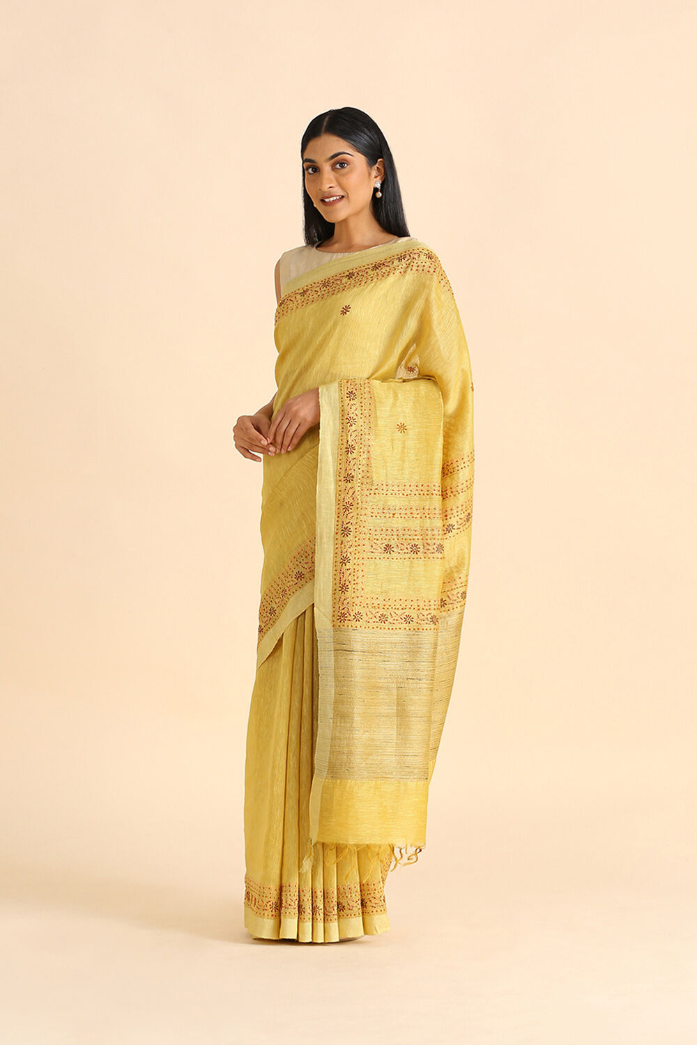 Yellow Embroidered Pure Silk Linen Saree image number null