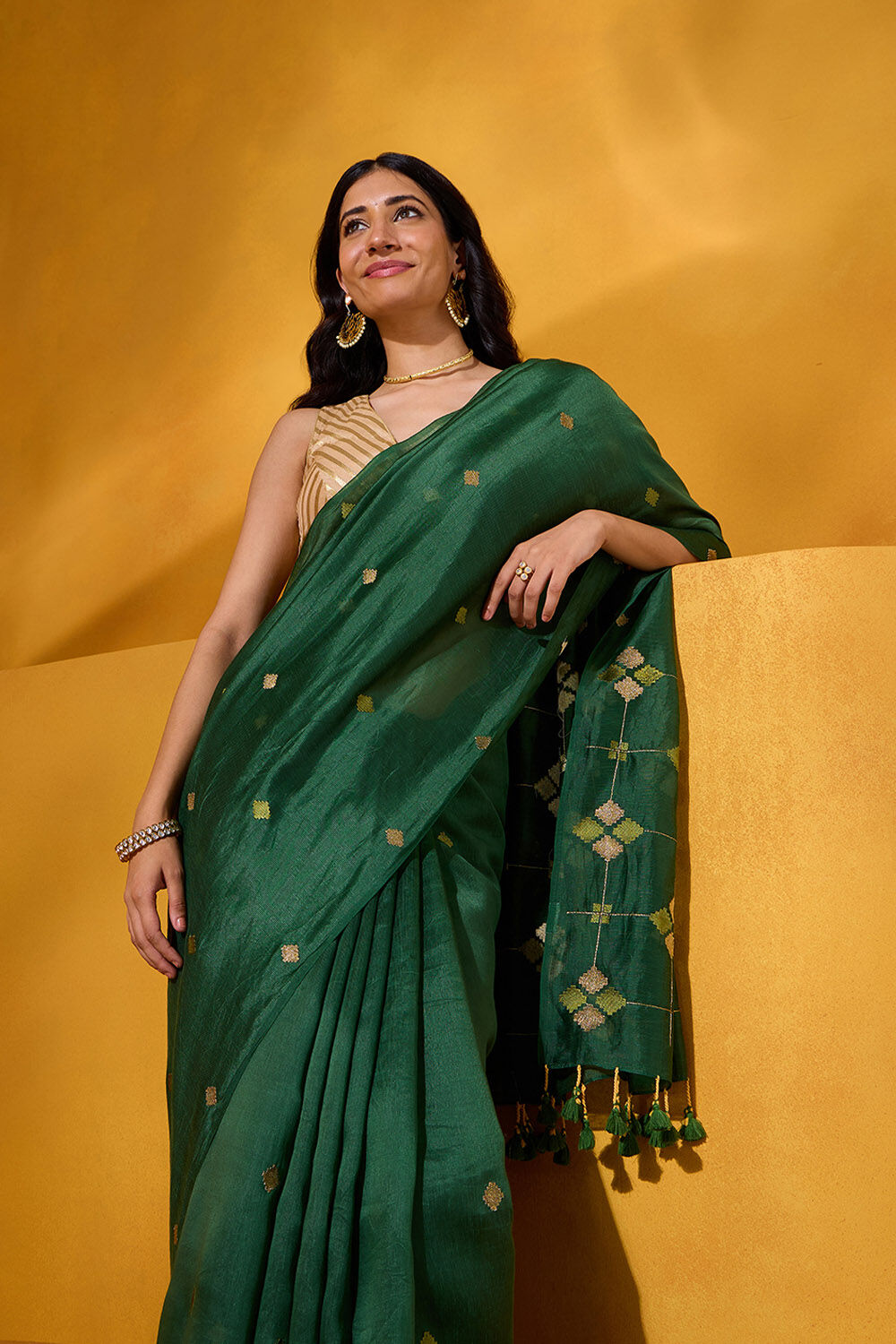 Dark Green Silk Tencel Embroidered Saree image number null
