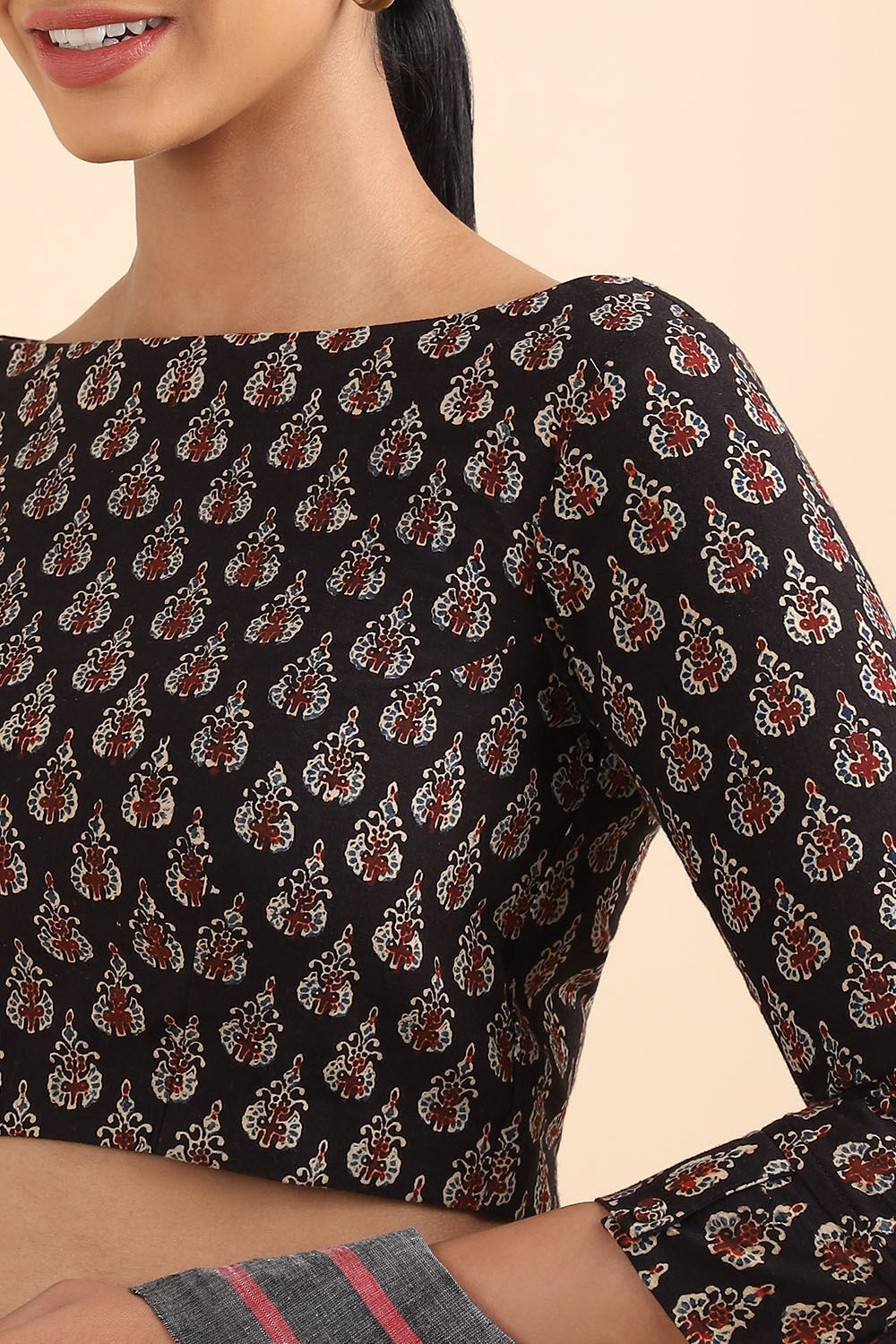 Black Ajrakh Block Printed Cotton Blouse image number null