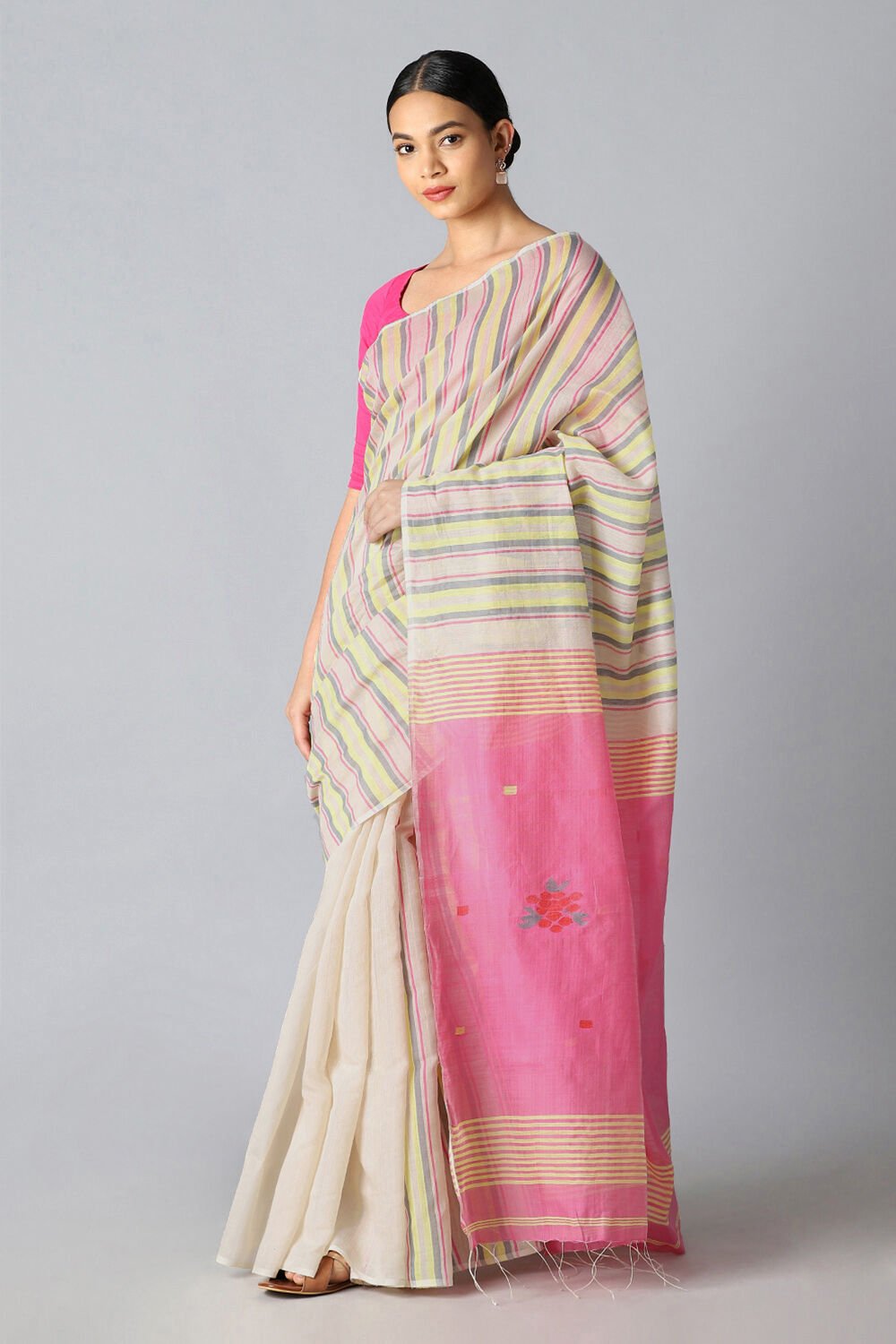 Off White Pure Silk Cotton Jamdani Saree image number null