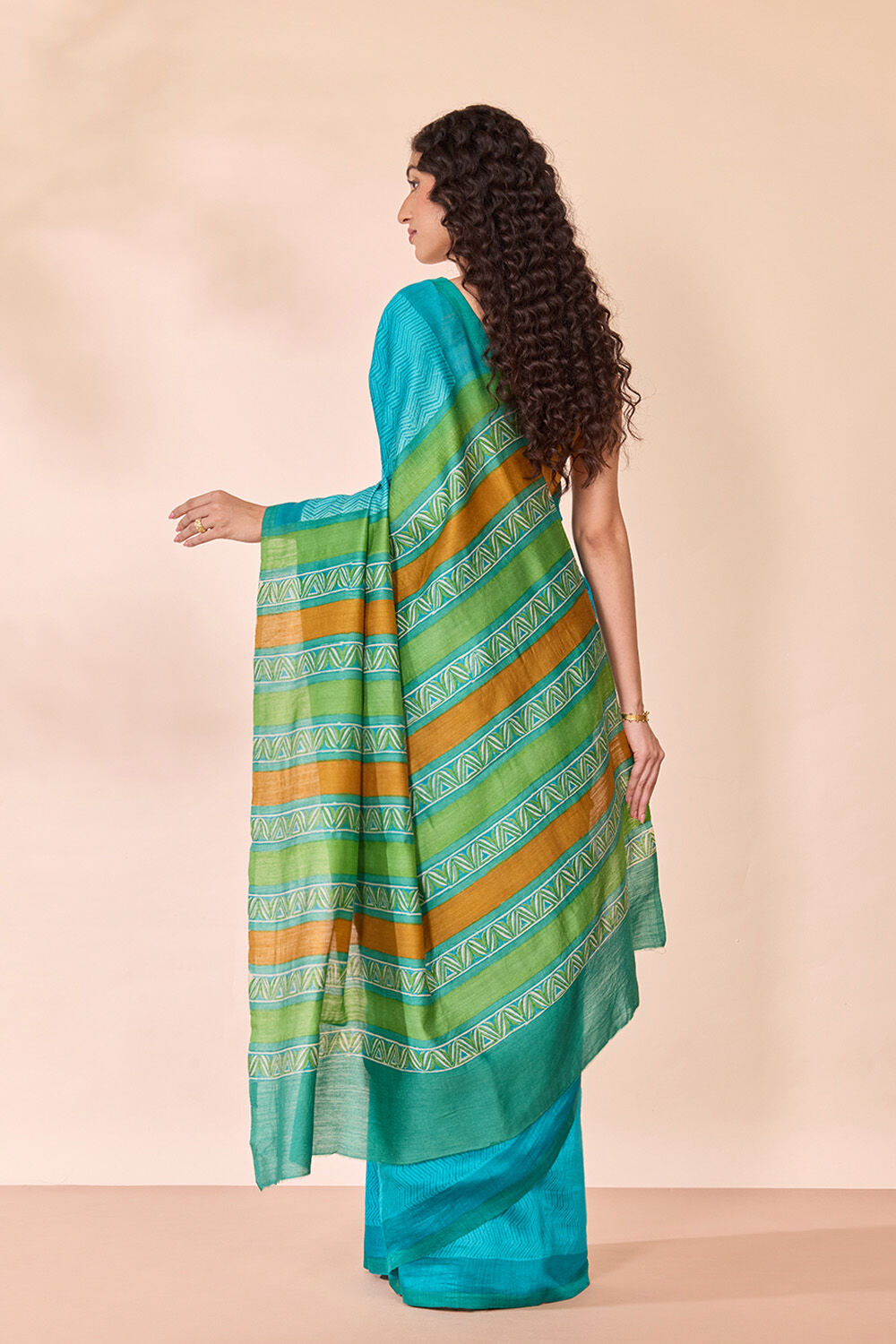 Blue Block Printed Silk Muga Saree image number null