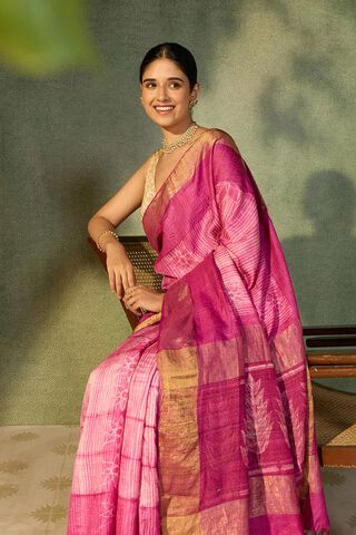 Pink Rajasthan Pure Tussar Silk Tie and Dye Shibori Saree image number