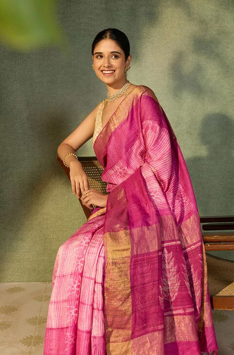 Pink Rajasthan Pure Tussar Silk Tie and Dye Shibori Saree