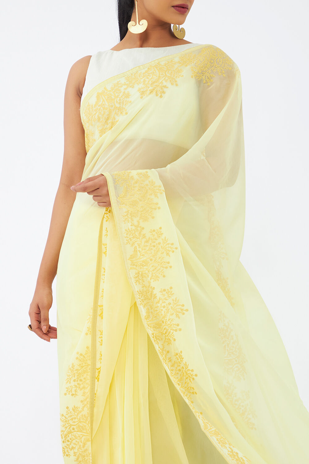 Light Yellow Viscose Organza Embroidered Saree image number null
