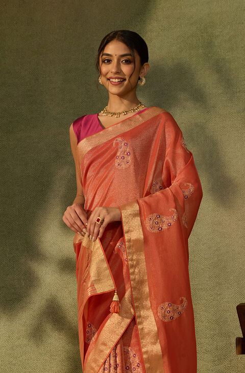 Orange Viscose Tissue Embroidered Saree