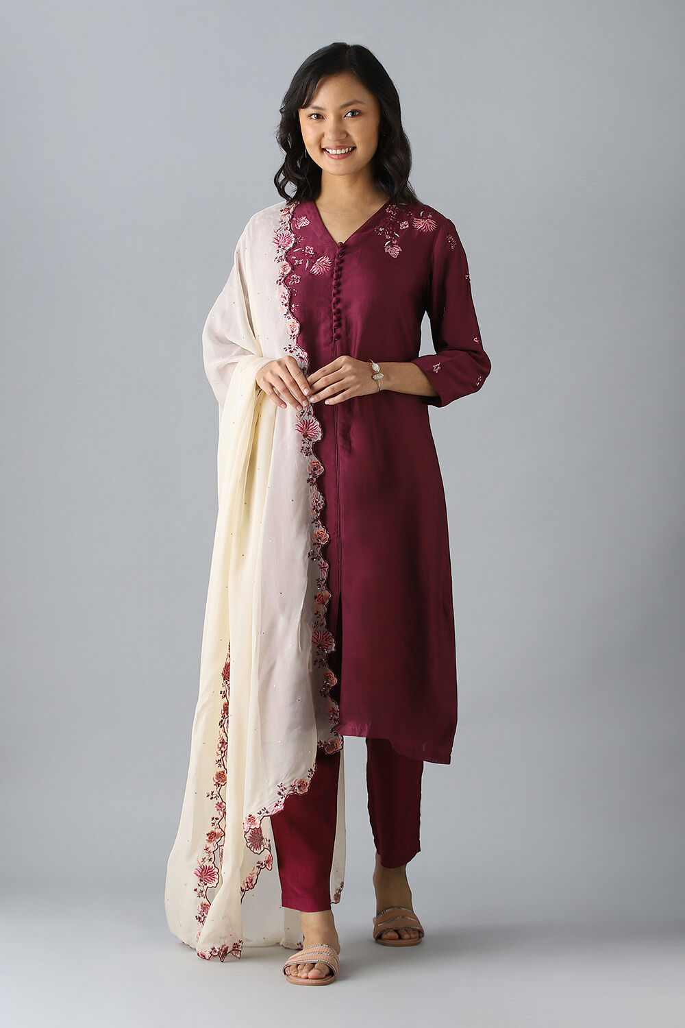 Purple Embroidered Silk Cotton Kurta Set image number null