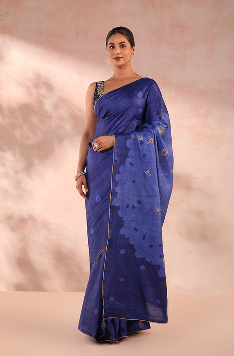 Blue Hand Painted Pure Tussar Silk Saree