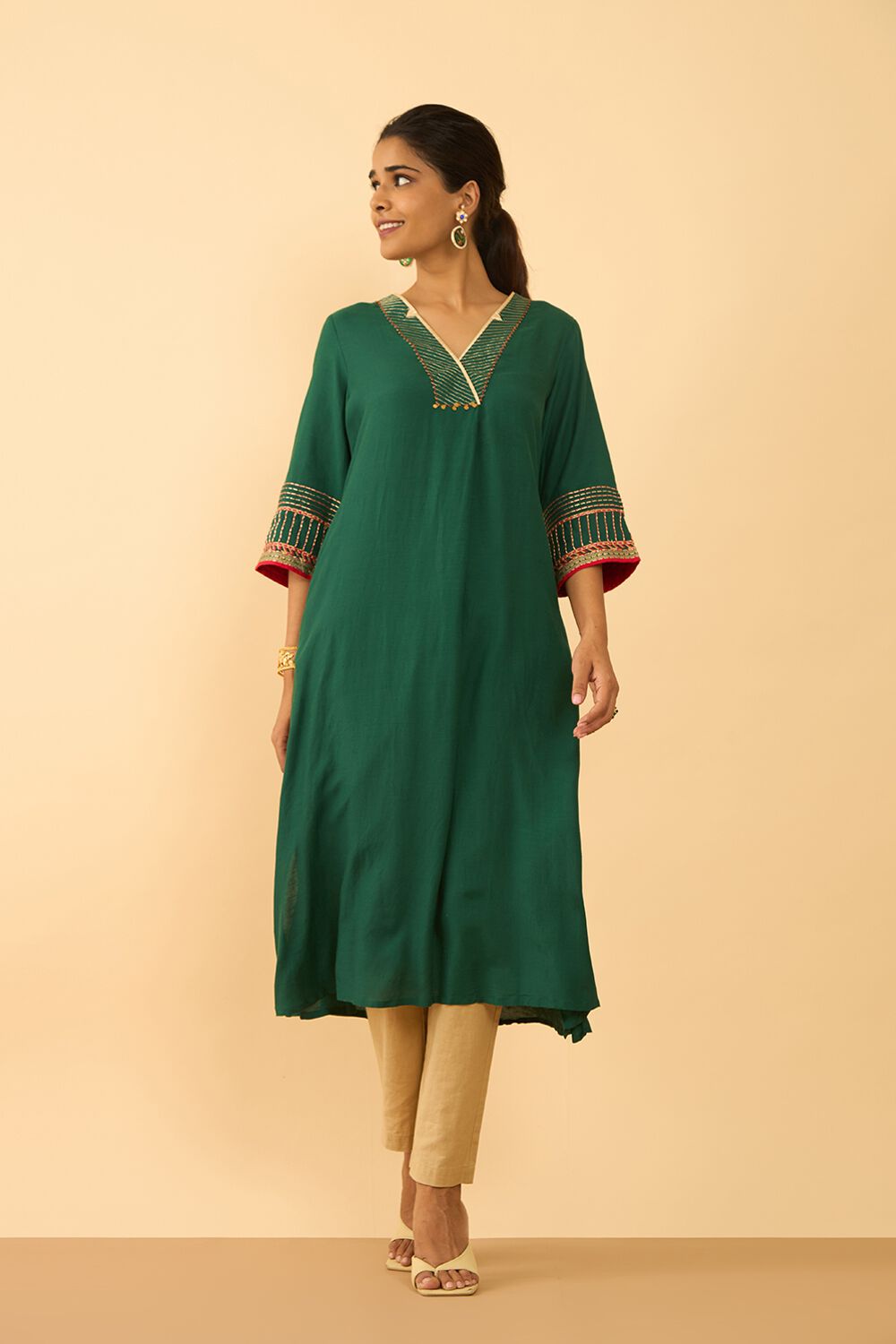 Green Viscose Embroidered Kurta image number null