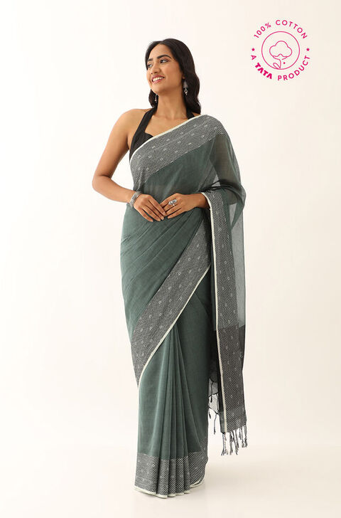 Smoky Green Pure Cotton Woven Bengali Saree