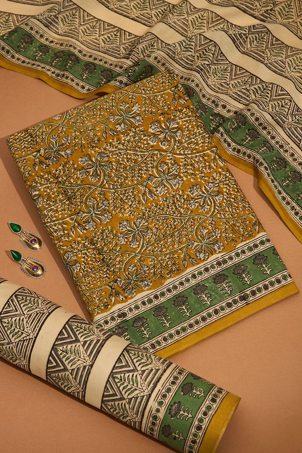 Yellow Bagru Block Printed Pure Cotton Unstitched Suit Set image number null