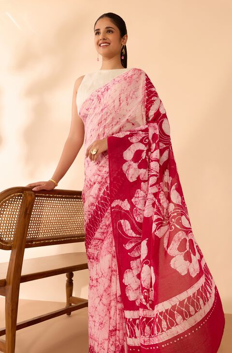 Dark Pink Ujjain Pure Cotton Batik Saree