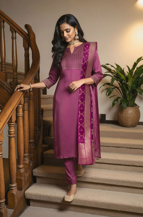 Purple Pure Viscose Embroidered Kurta Set