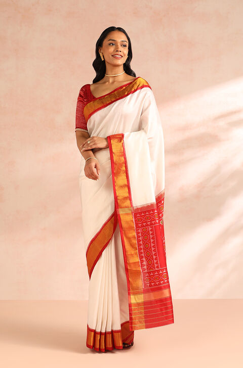 White Rajkot Pure Silk Ikat Patola Saree