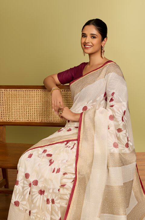 Off White Rajasthan Pure Silk Cotton Printed Sanganeri Saree