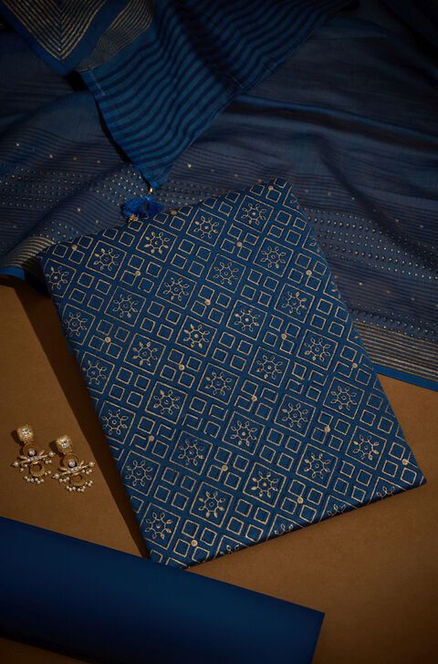 Dark Blue Pure Silk Cotton Block Printed Unstitched Suit Set