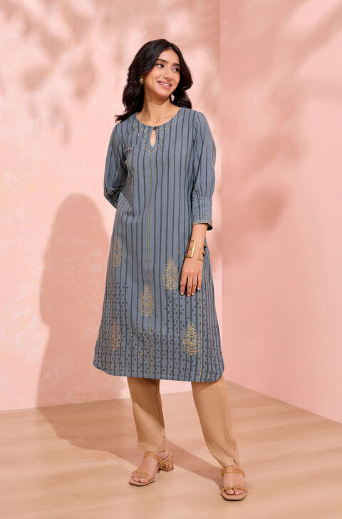 Grey Pure Cotton Printed Embroidery Kurta