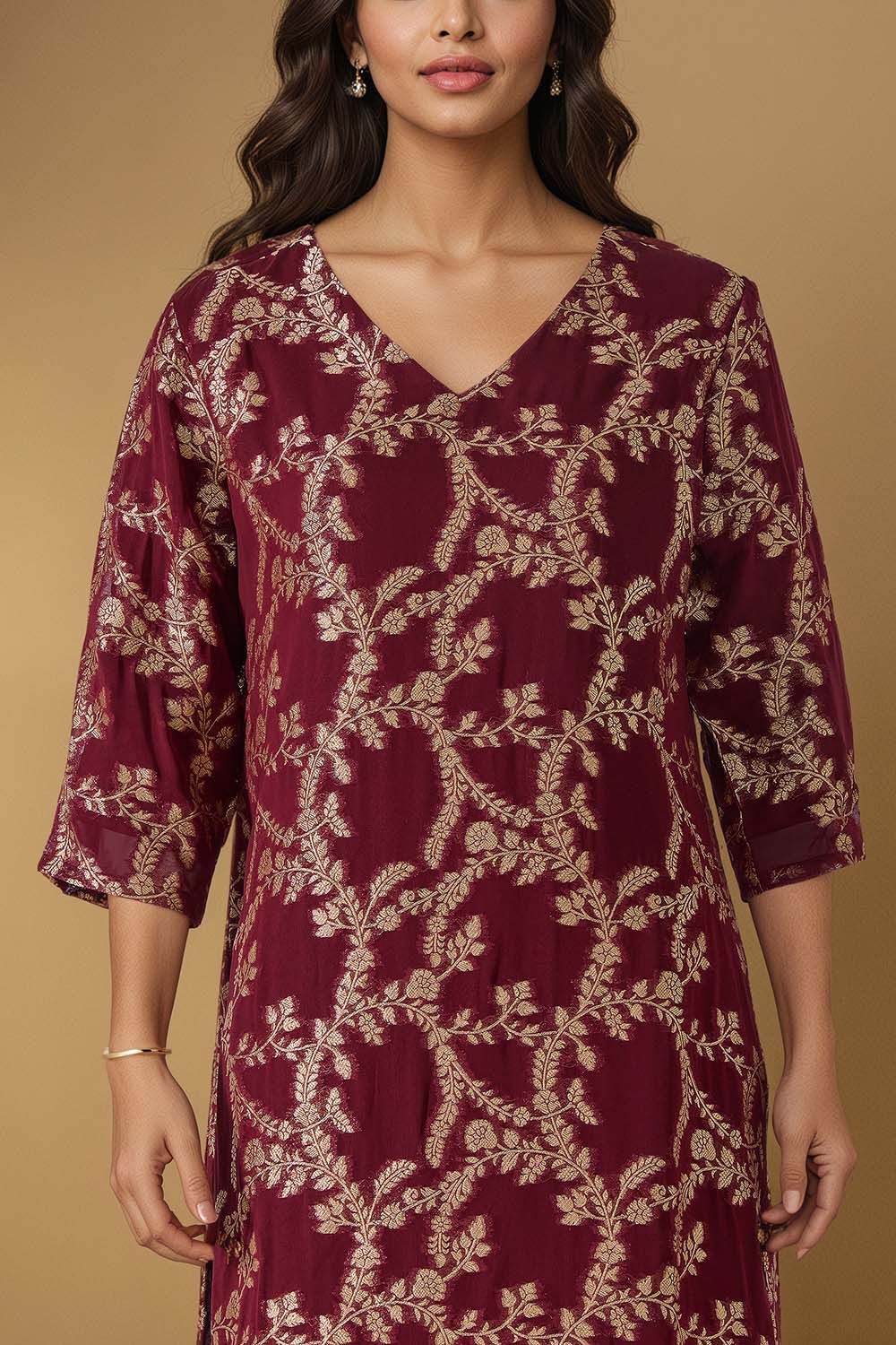 Dark Red Brocade Viscose Kurta Set image number null