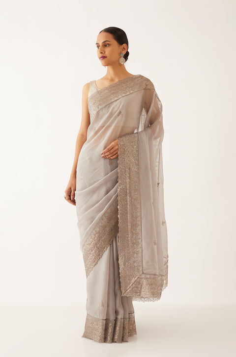 Grey Viscose Organza Embroidered Saree