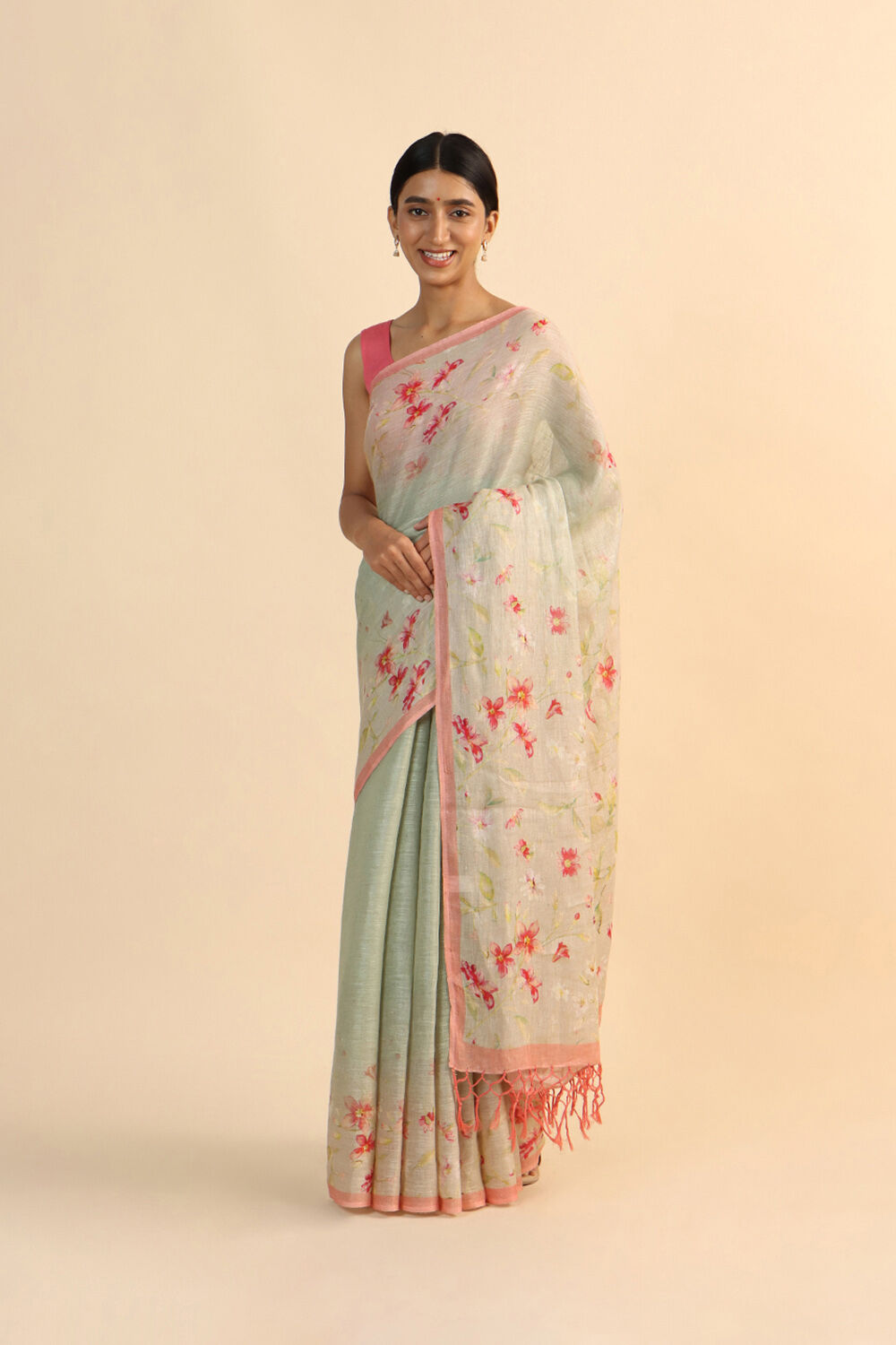 Light Green Pure Linen Digital Printed Saree image number null