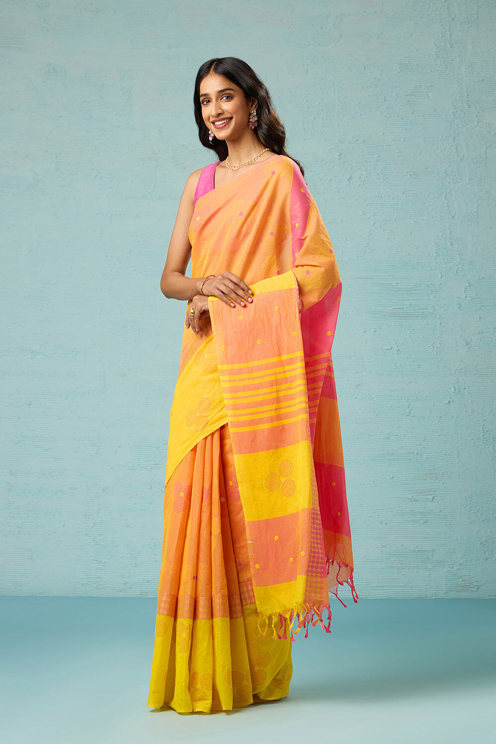 Yellow Rajasthan Block Printed Pure Cotton Saree image number null