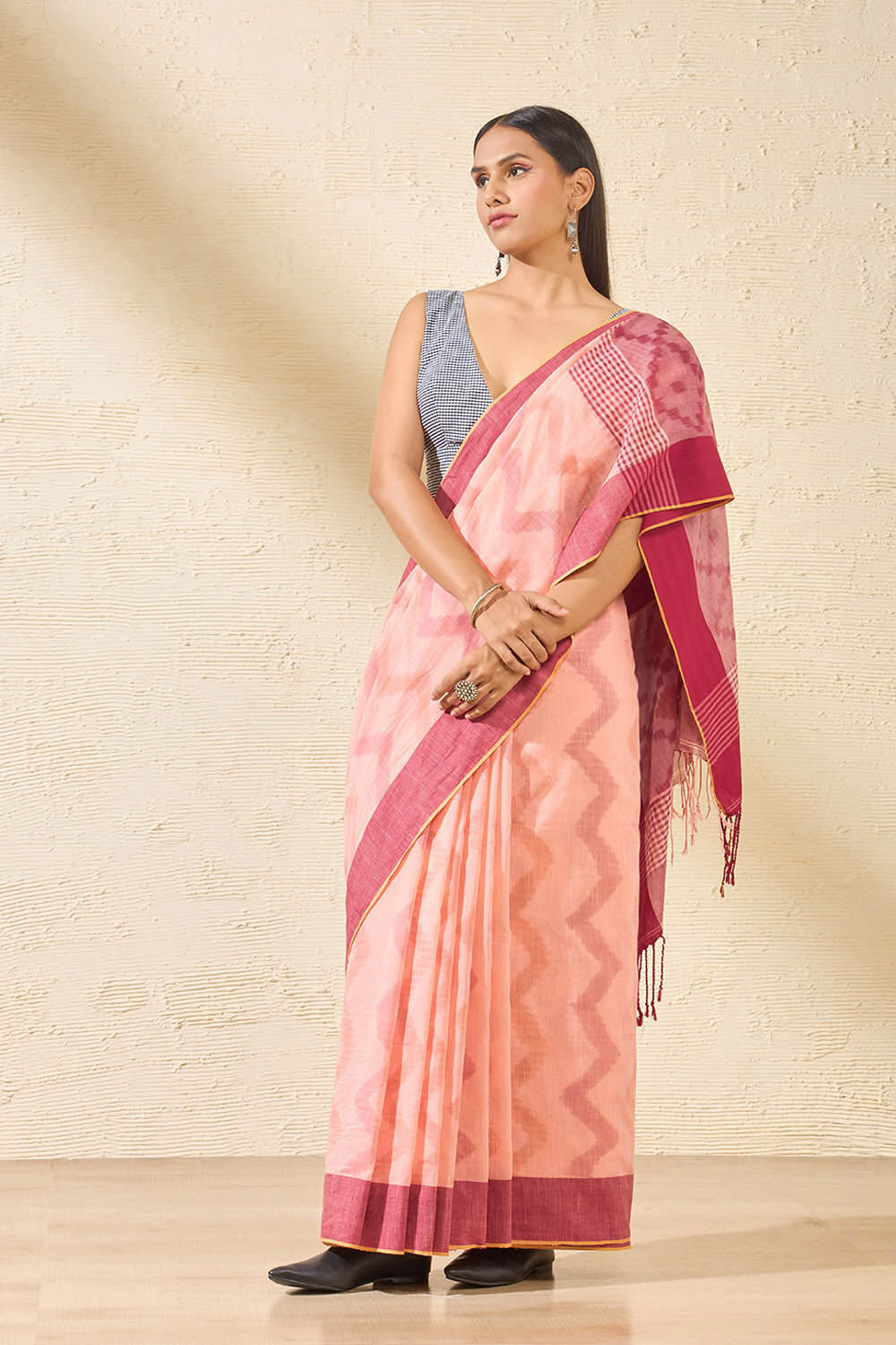 Light Orange Bengal Pure Cotton Ikat Saree image number null