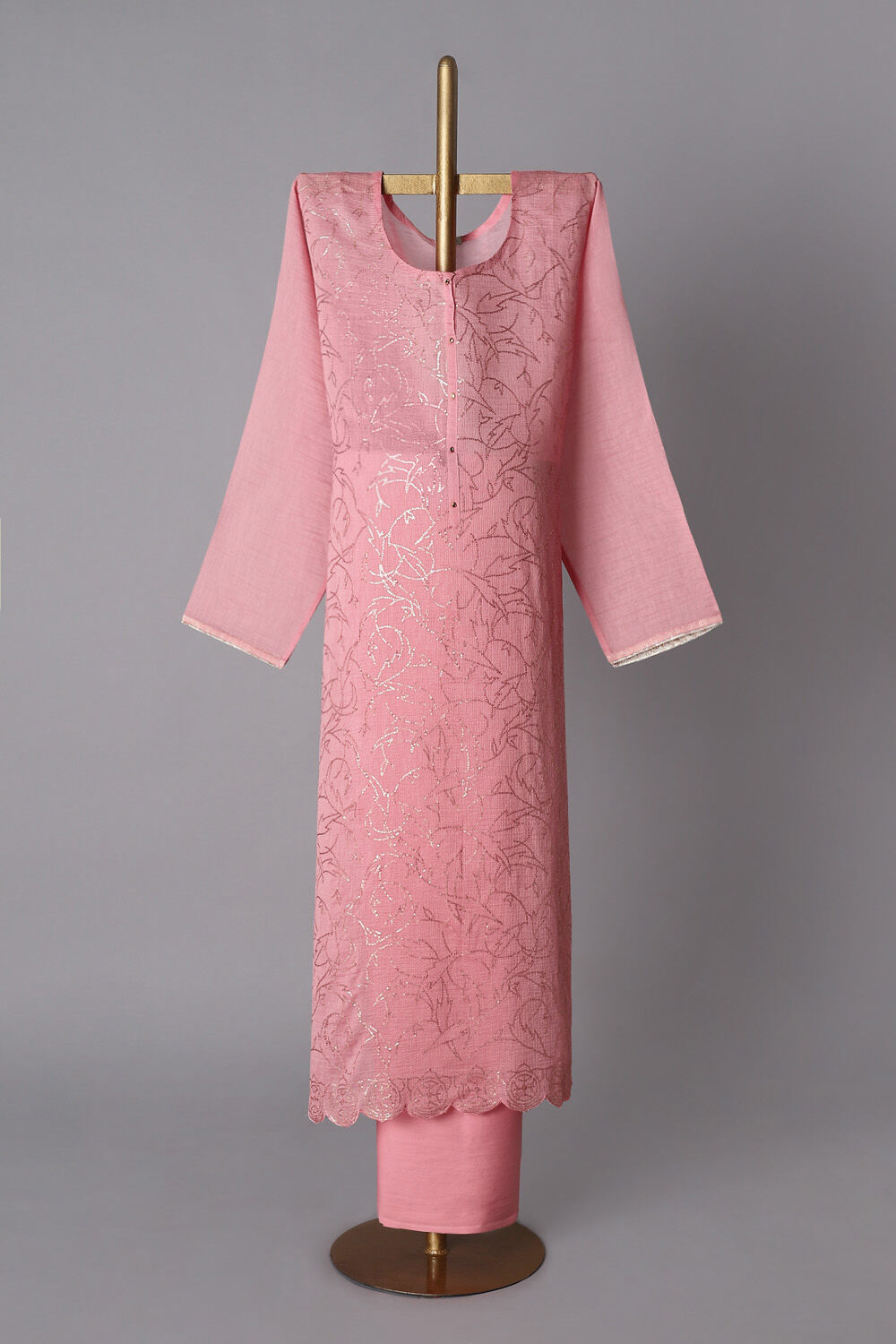 Pink Silk Cotton Embroidered Semistitched Suit Set image number null