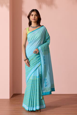 Light Blue Pure Cotton Block Printed Bengal Saree thumbnail image number null