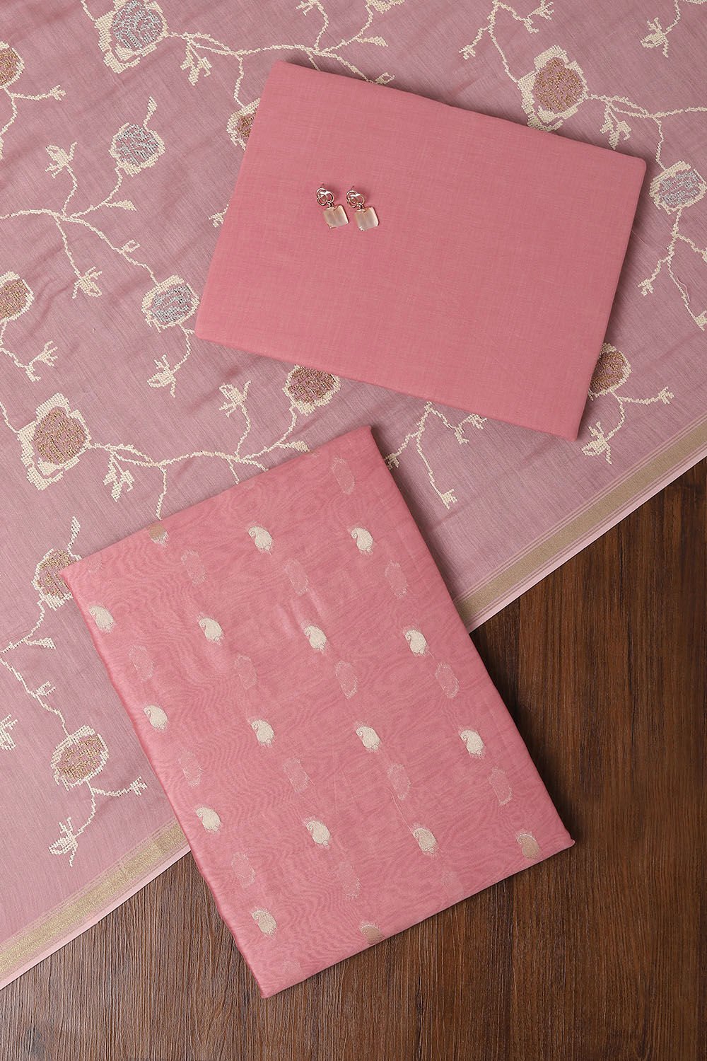 Light Pink Silk Cotton Embroidered Unstitched Suit Set image number null