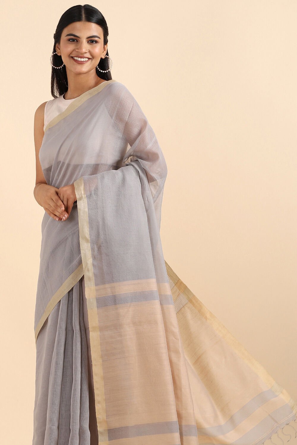 Grey Pure Silk Cotton Bengal Saree image number null