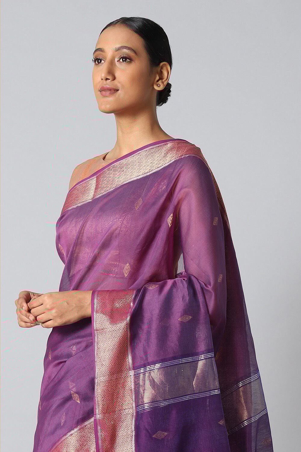 Violet Pure Silk Cotton Maheswari Saree image number null