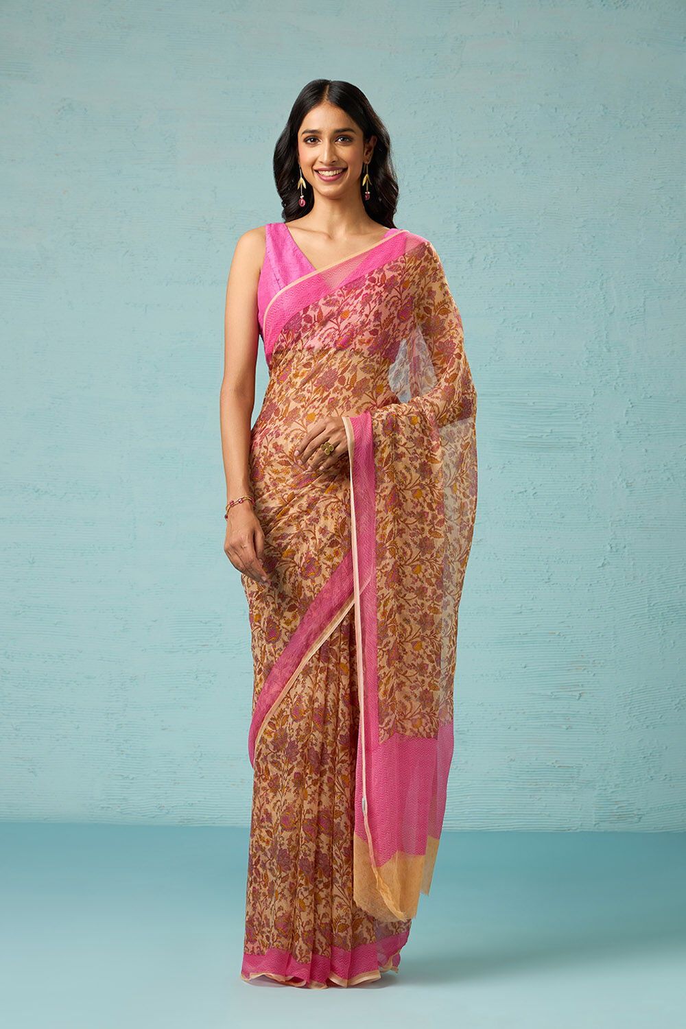 Yellow Screen Printed Viscose Chiffon Saree image number null
