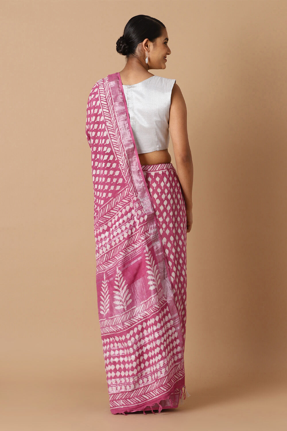Dark Pink Pure Cotton Linen Bagru Printed Saree image number null