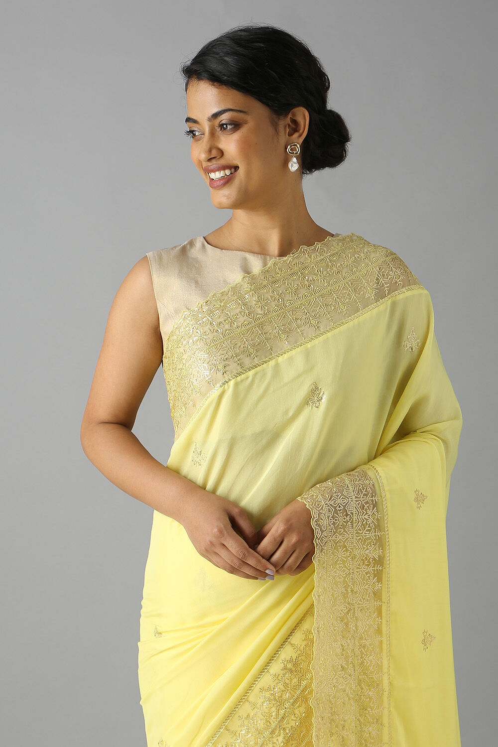 Yellow Viscose Embroidered Saree image number null